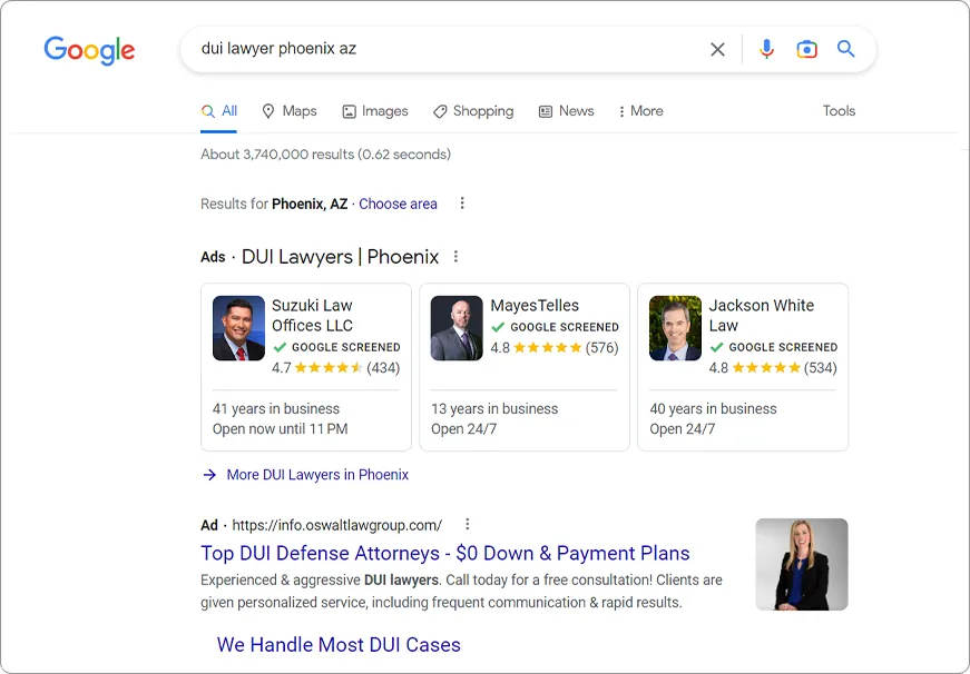 DUI Lawyers - SERP Google Search Results Ads