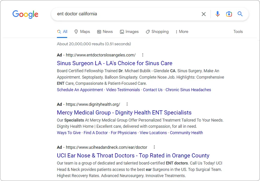 ENT Doctor - Google Search Results Ads PPC