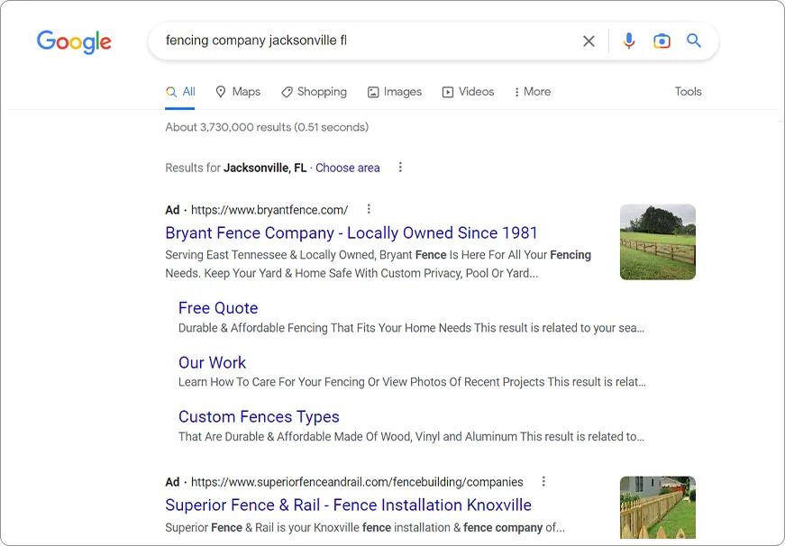 Fencing Contractor - Google Search Results Ads PPC
