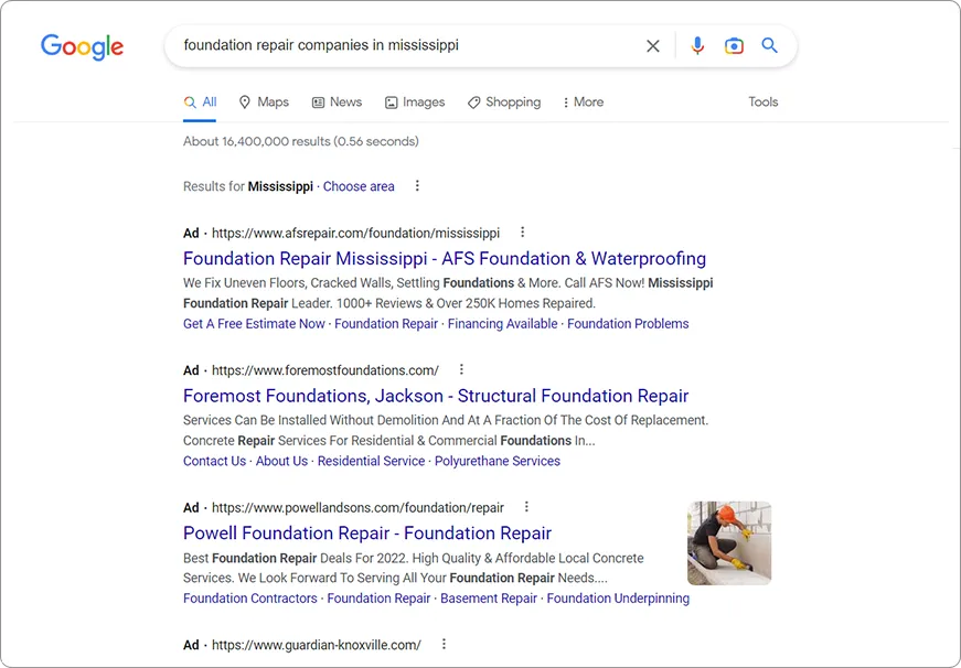 Foundation Repair Contractor - Google Search Results Ads PPC