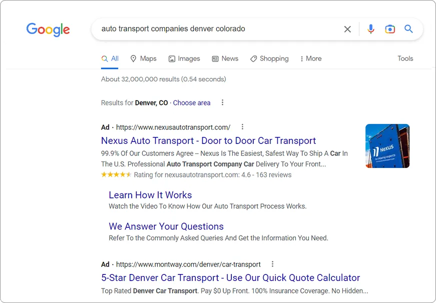 Google Pay Per Click Ads - Auto Transport Companies