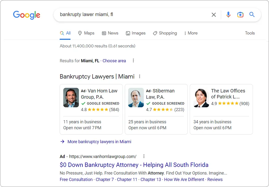 Google Pay Per Click Ads - Bankruptcy Law Firms