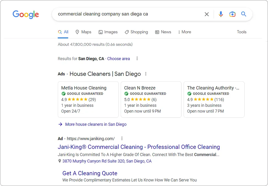 Google Pay Per Click Ads - Commercial Cleaning Companies
