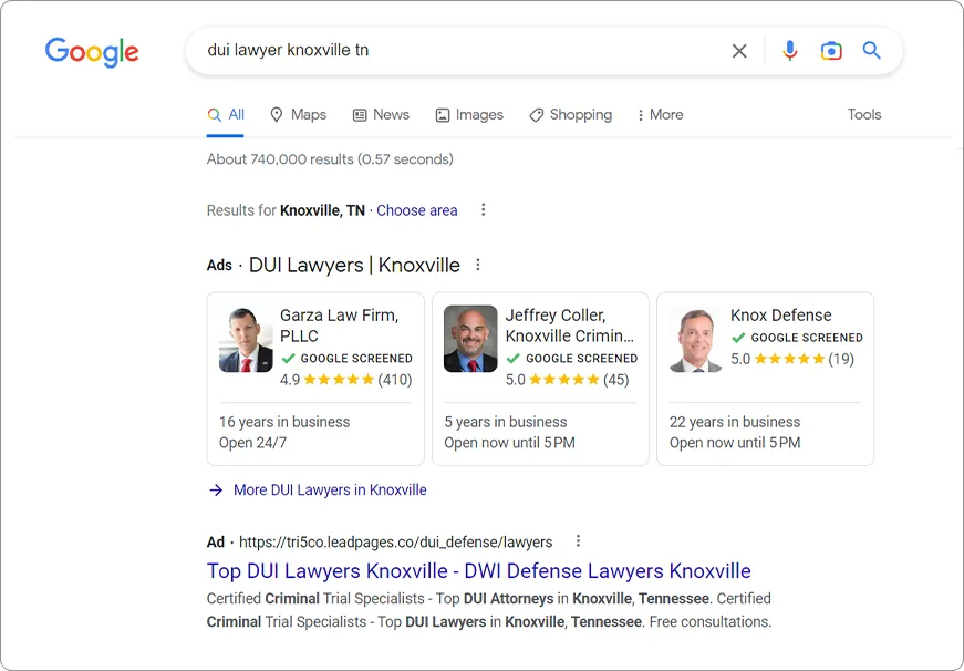 Google Pay Per Click Ads - DUI Attorney Lawyers