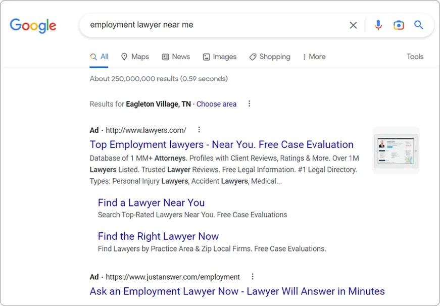 Google Pay Per Click Ads - Employment Lawyers