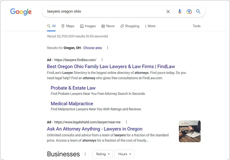 Lawyers & Law Firms - Google Search Results Ads PPC