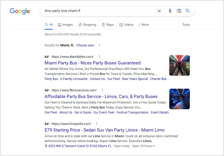 Limo & Party Bus - Google Search Results Ads PPC