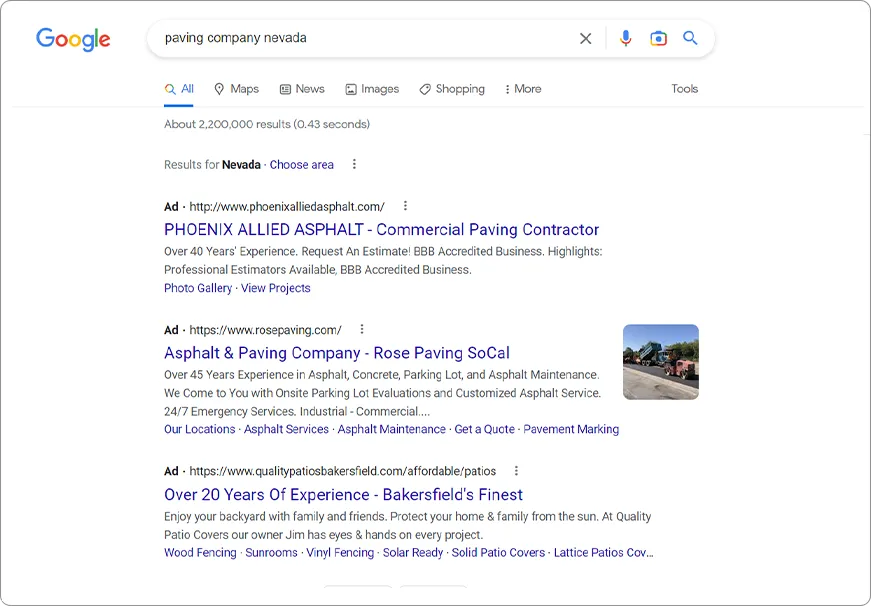 Paving Company - Google Search Results Ads PPC
