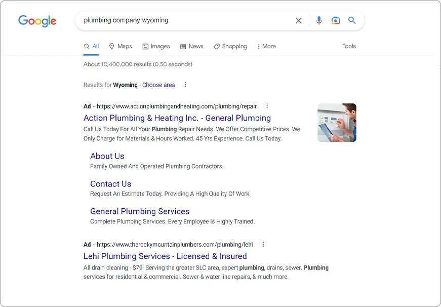 Plumbing Company - Google Search Results Ads PPC