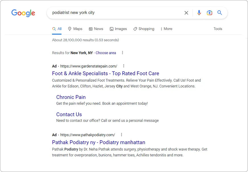 Podiatrist Practices & Clinics - Google Search Results Ads PPC