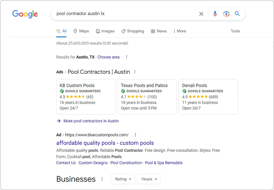 Pool Contractors - Google Search Results Ads PPC