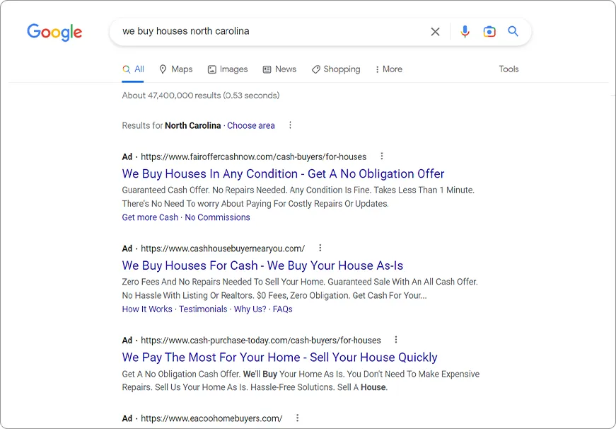 Real Estate Investor - Google Search Results Ads PPC