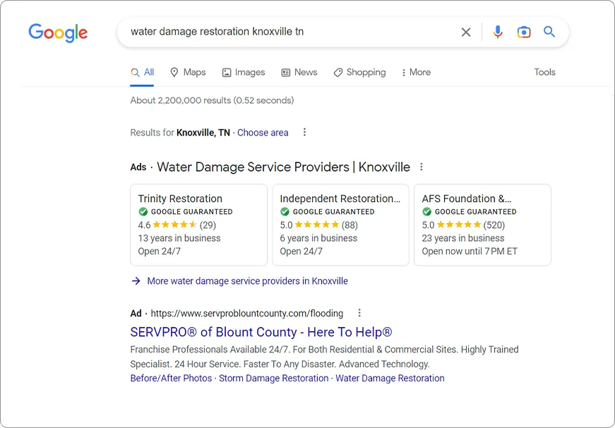 Water Damage Restoration - Google Search Results Ads PPC