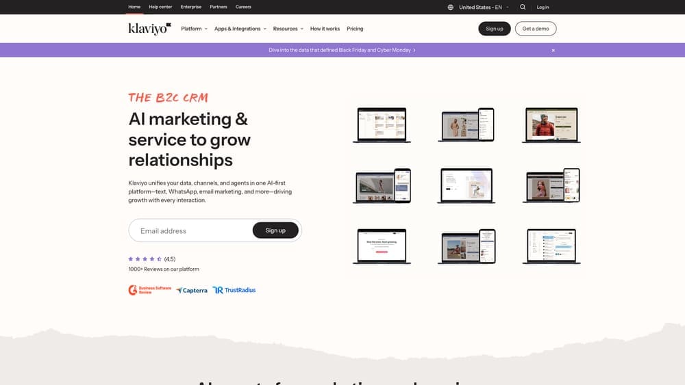 Screenshot of Klaviyo website homepage