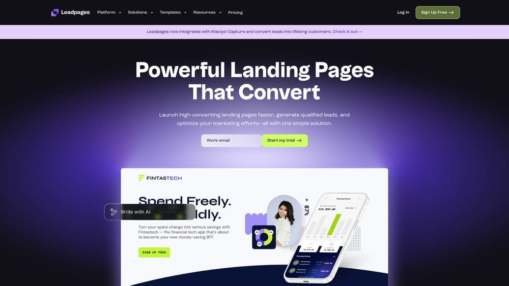 Screenshot of Leadpages website homepage
