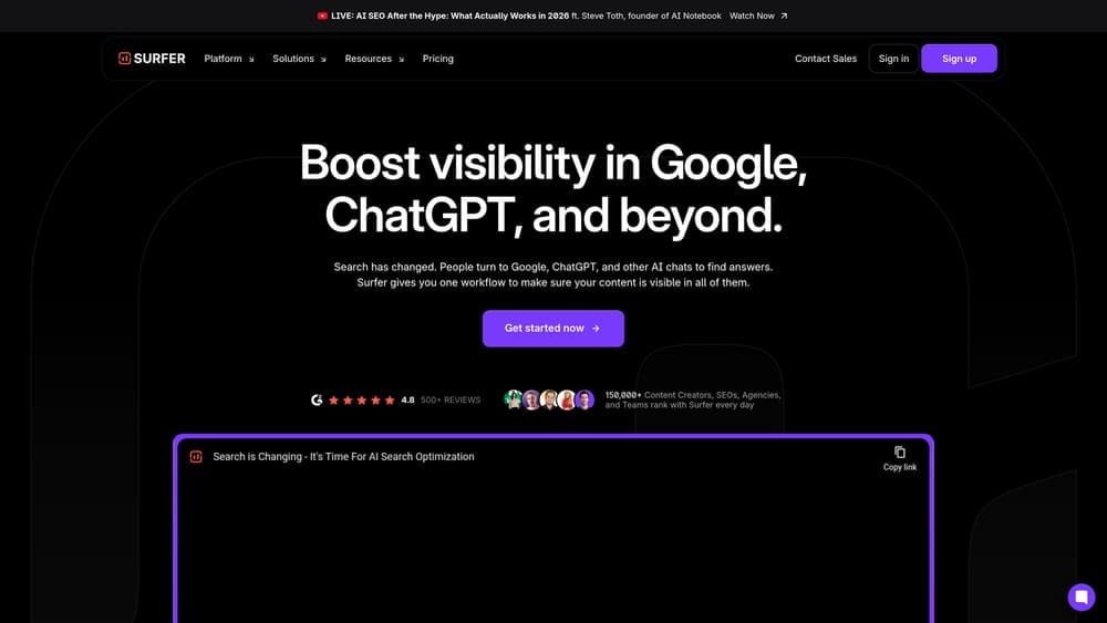 Screenshot of Surfer SEO website