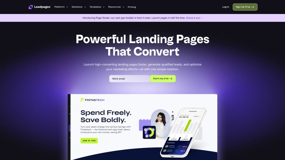 Screenshot of Leadpages website
