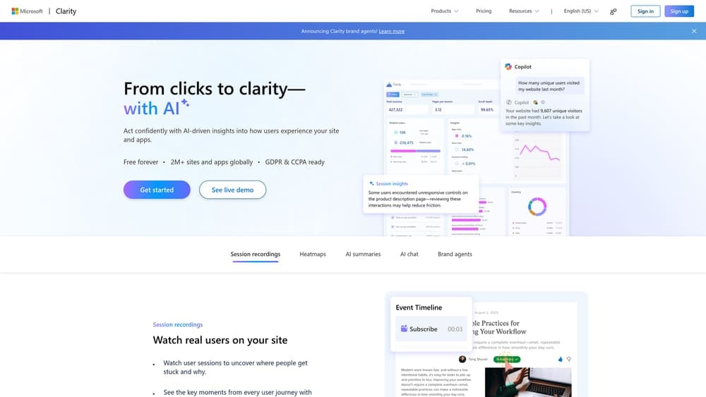 Screenshot of Microsoft Clarity website