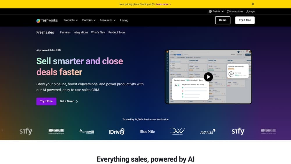 Screenshot of Freshsales website