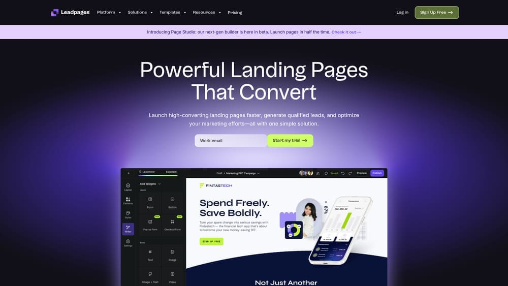 Screenshot of Leadpages website
