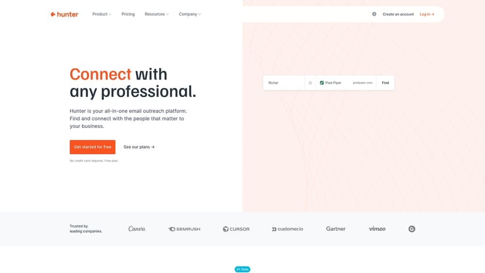 Screenshot of Hunter.io website