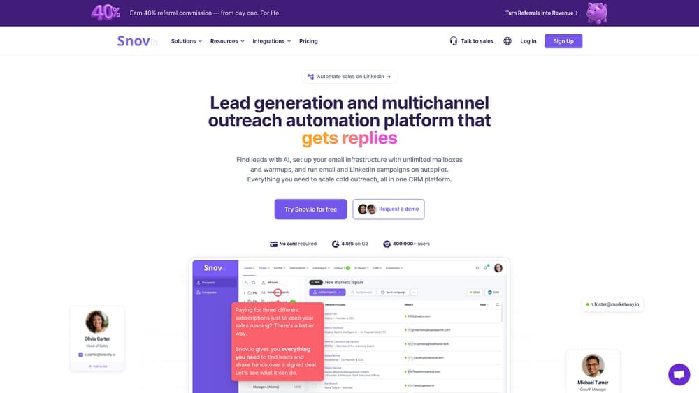Screenshot of Snov.io website