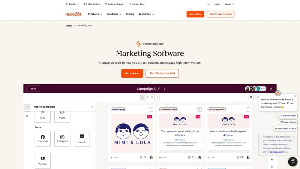 Screenshot of HubSpot Marketing Hub website