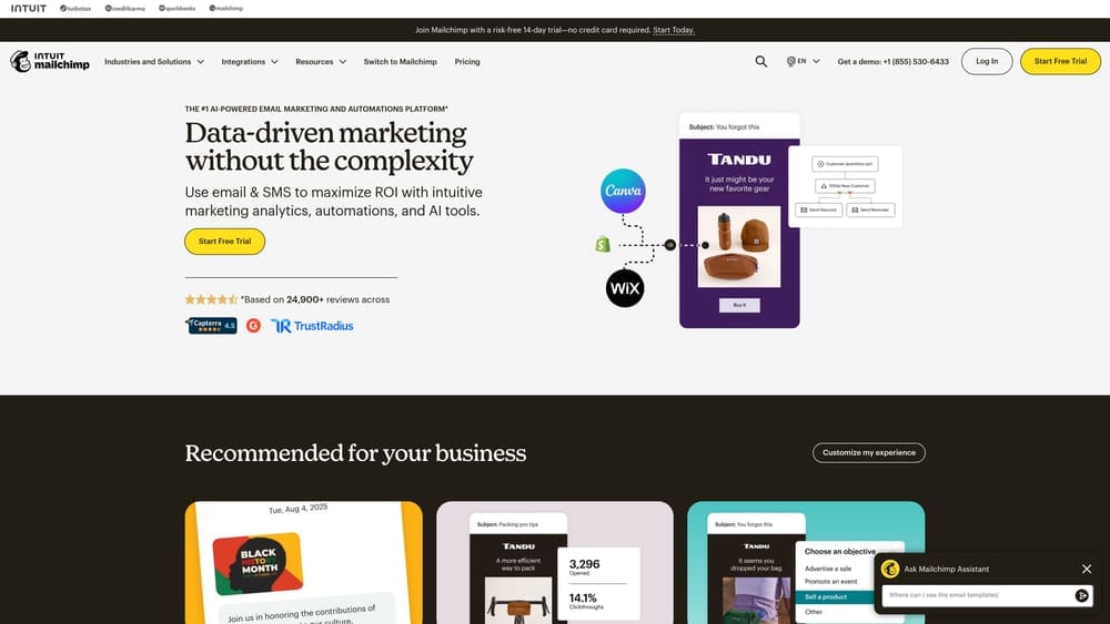 Screenshot of Mailchimp website