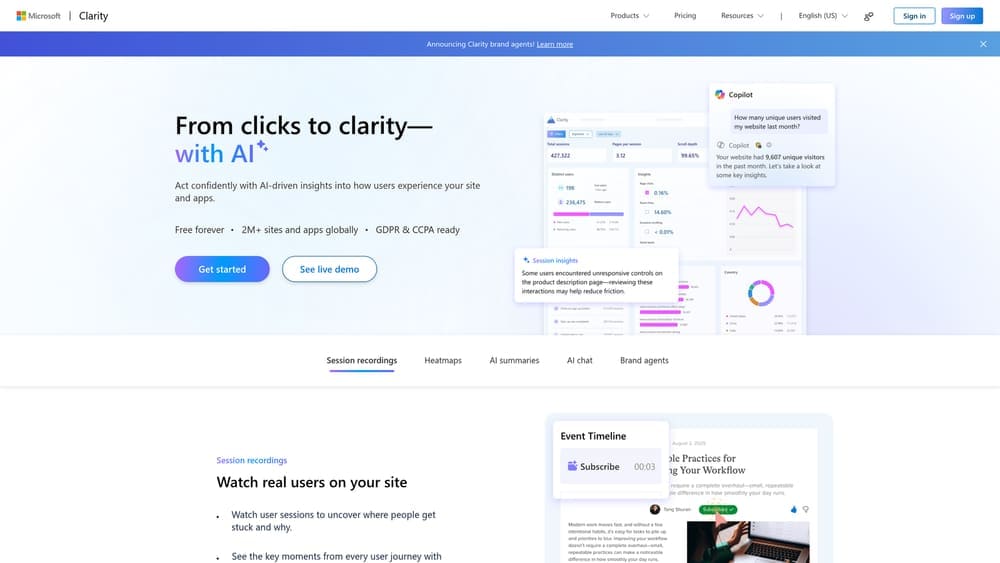Screenshot of Microsoft Clarity website