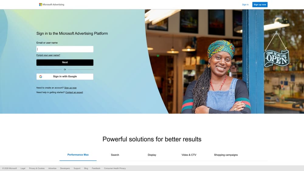 Screenshot of Microsoft Advertising (Bing Ads) website