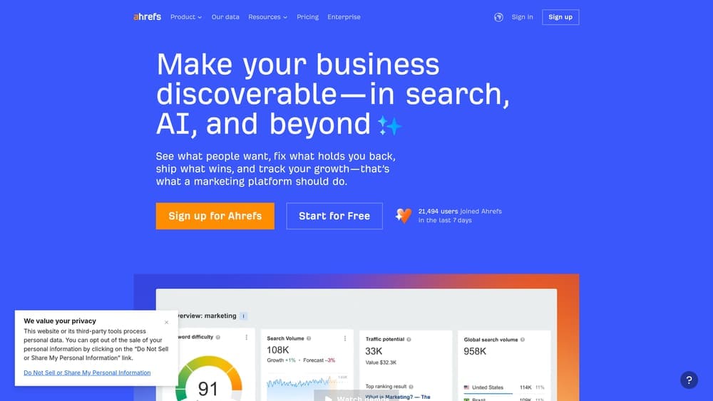 Screenshot of Ahrefs website