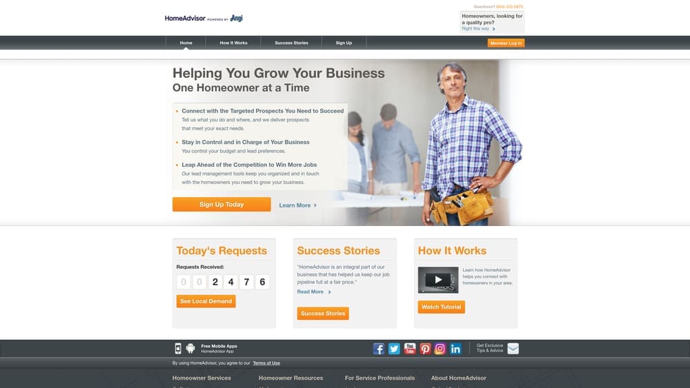 Screenshot of HomeAdvisor Pro (Angi Leads) website