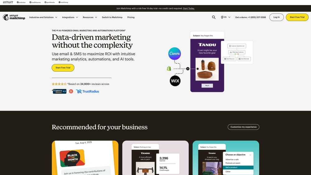 Screenshot of Mailchimp website