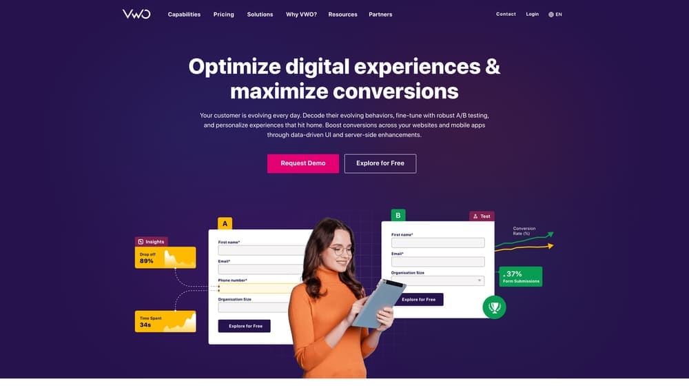 Screenshot of VWO (Visual Website Optimizer) website