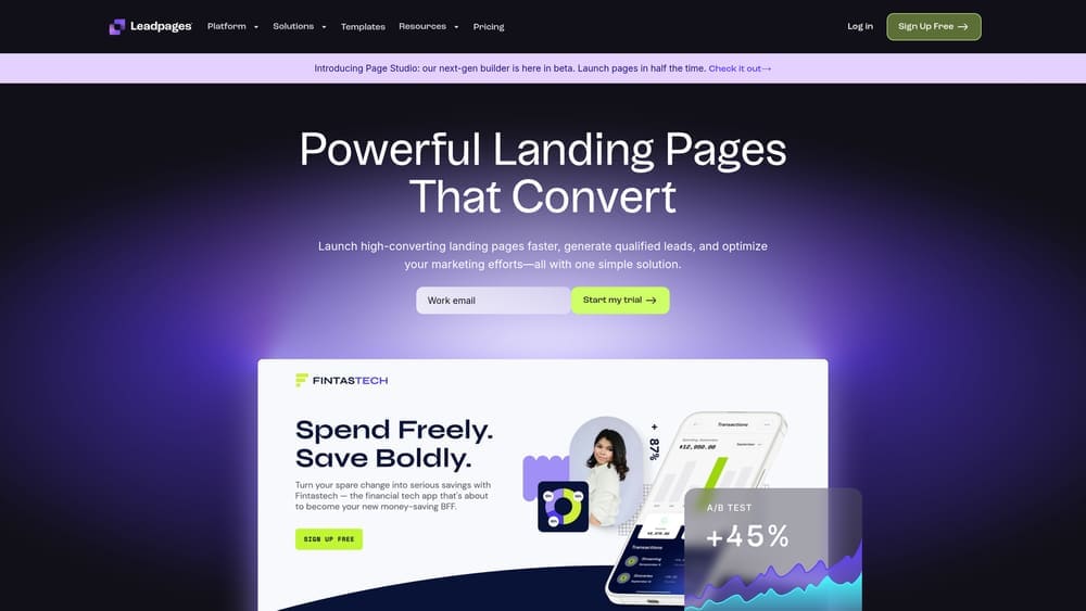 Screenshot of Leadpages website