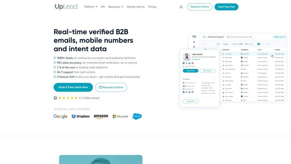 Screenshot of UpLead website
