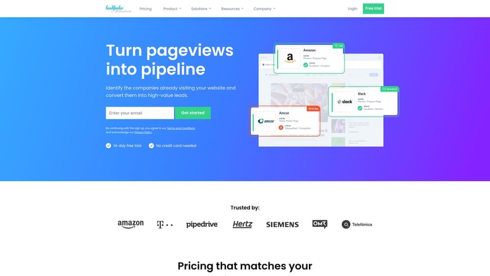 Screenshot of Leadfeeder website
