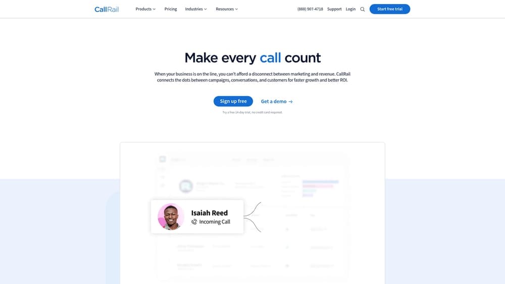 Screenshot of CallRail website