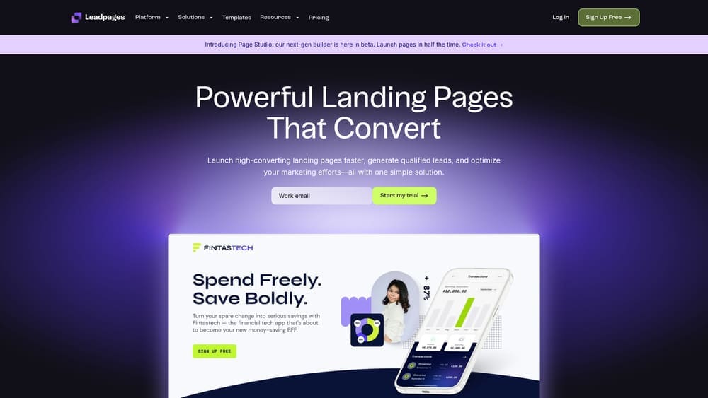 Screenshot of Leadpages website