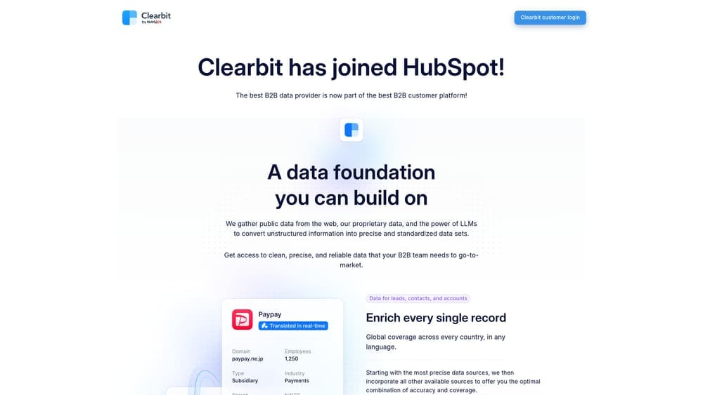 Screenshot of Clearbit website