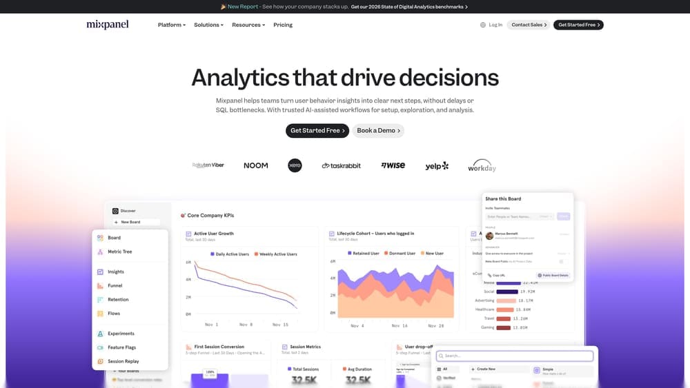 Screenshot of Mixpanel website