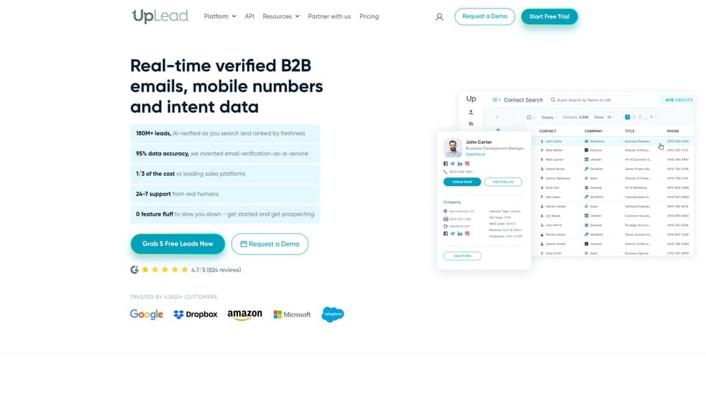 Screenshot of UpLead website