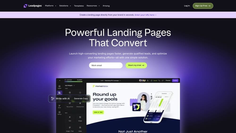 Screenshot of Leadpages website