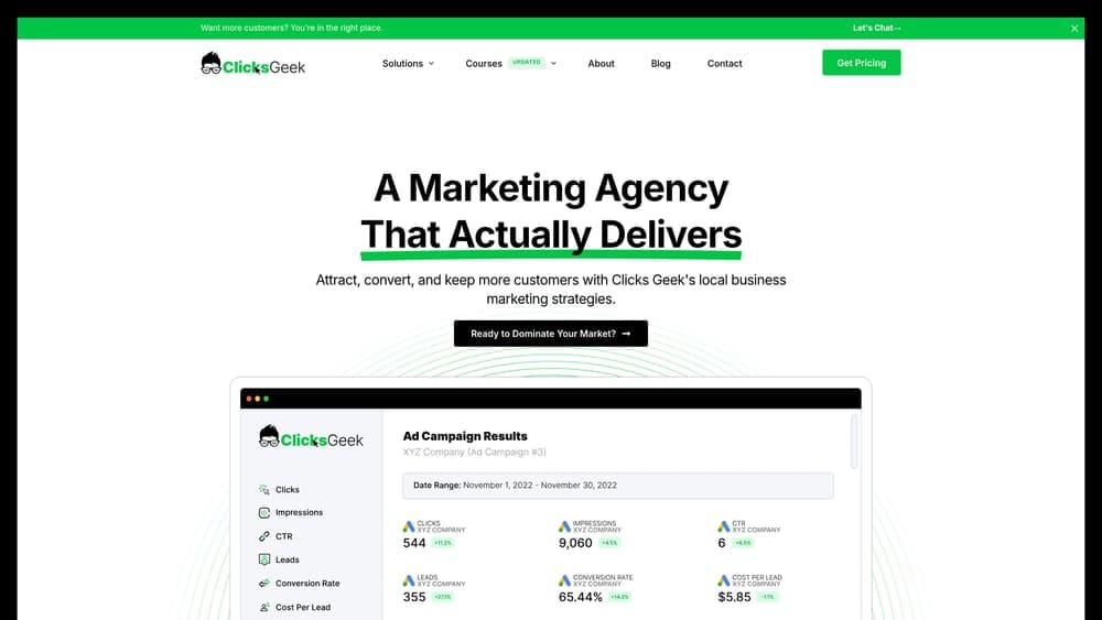 Screenshot of Clicks Geek ROI Dashboard website