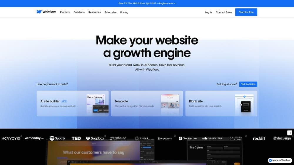 Screenshot of Webflow website