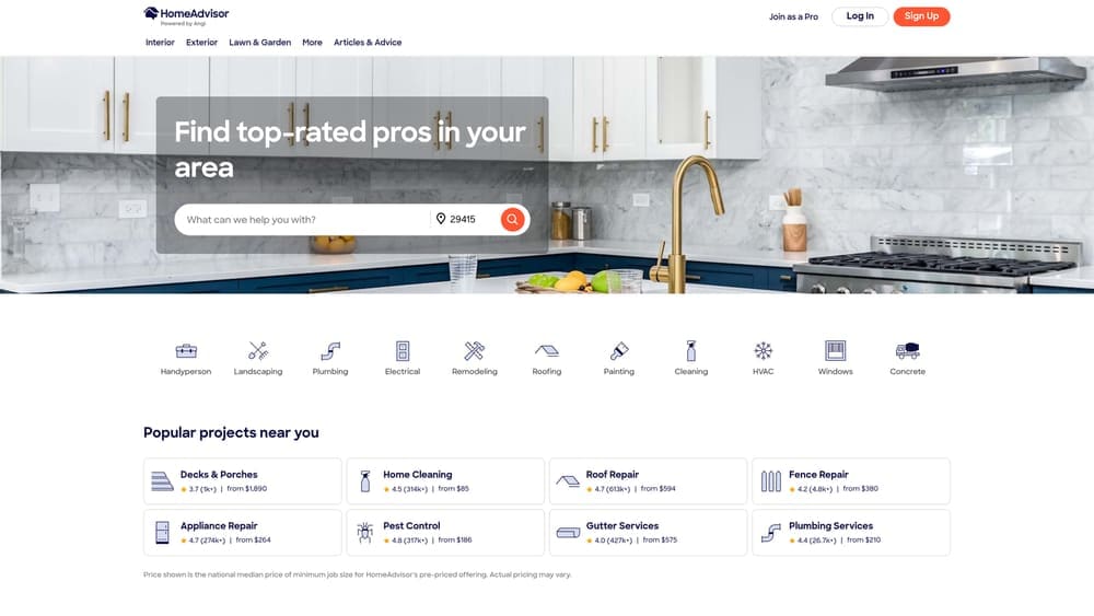 Screenshot of HomeAdvisor (Angi Leads) website
