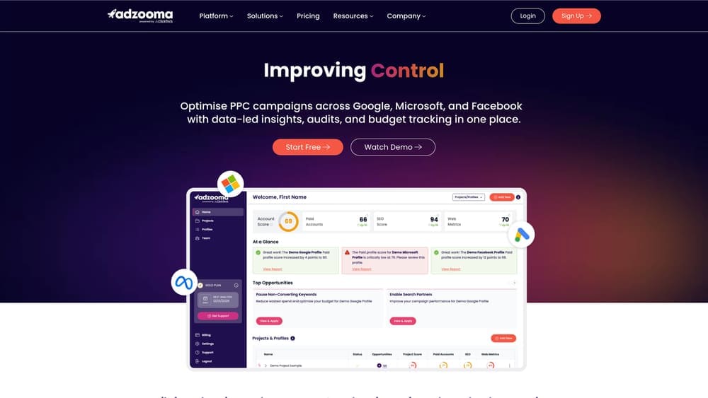 Screenshot of Adzooma website