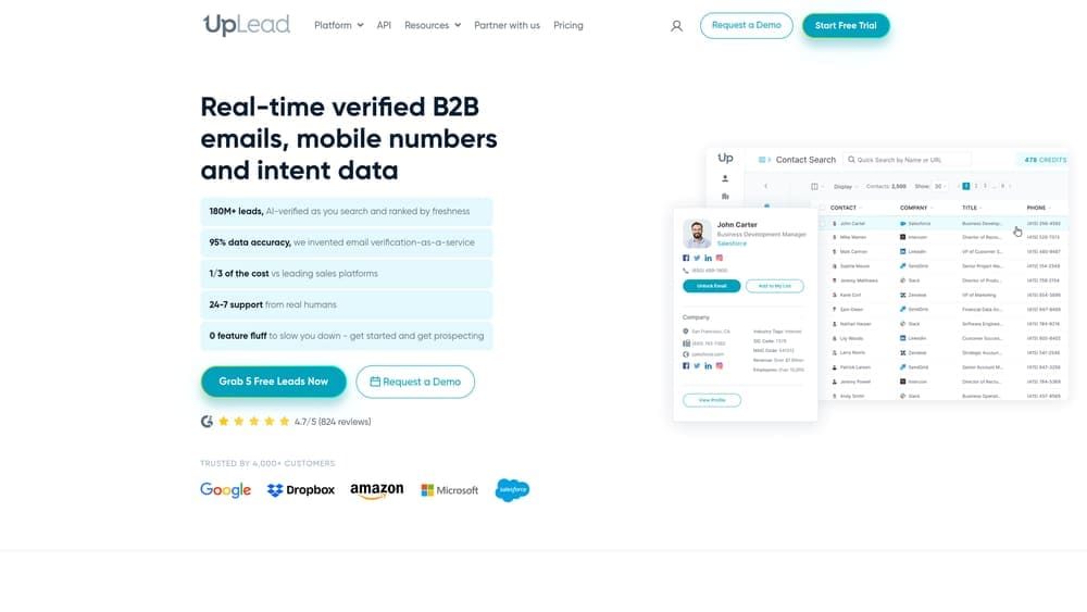 Screenshot of UpLead website