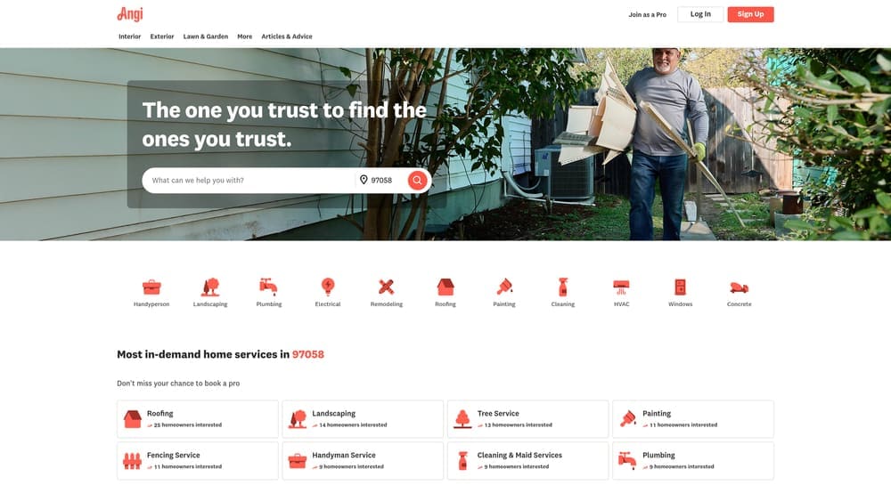 Screenshot of Angi Leads website