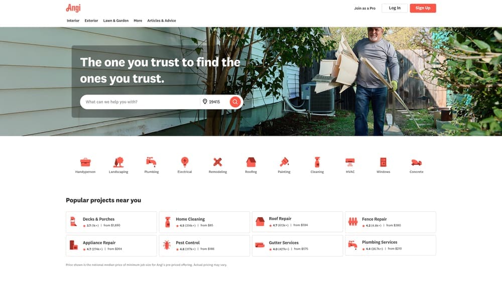 Screenshot of Angi website